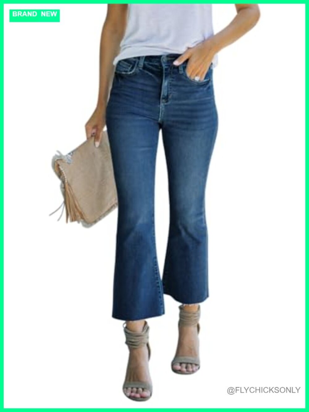 Womens Cropped Bootcut Flare Jeans High Rise Raw Hem Stretch Denim